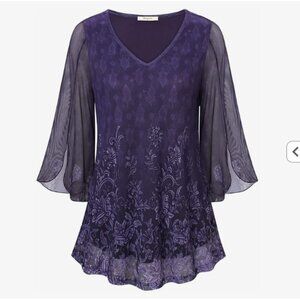 Bebonnie Womens |XXL| Purple 3/4 Sleeve V Neck Double Layer Mesh Tunic {NWT)